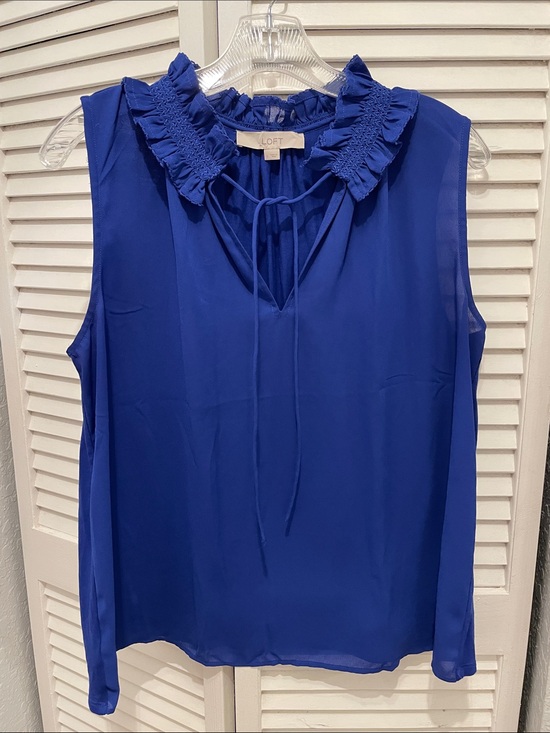 LOFT Tops - LOFT Cobalt Blue Ruffle Tie-Neck Sleeveless Top